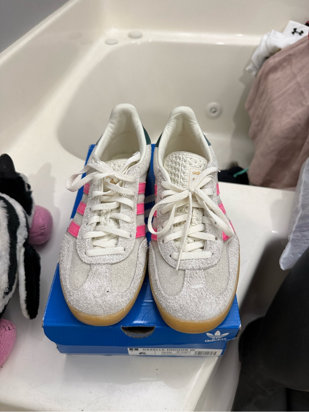 adidas Women's Gazelle Off-White Suede Sneakers with Pink Stripes and Gum Sole 6